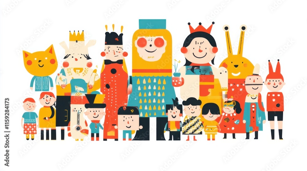 Obraz premium Colorful and cheerful big family icons, illustrated in a modern flat design style, warm colors, friendly expressions, diverse characters, playful composition 