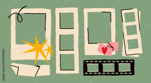 Photo frame, film frame set. Various shapes, retro style. Hand drawn modern Vector illustration. Lifestyle, decoration, mood board concept. Isolated design elements