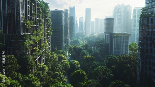 Urban Landscape Blends With Nature Featuring Green Skyscrapers Surrounded by Dense Trees in a Modern City Setting During Daylight photo