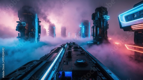 Futuristic landscape featuring neon lit structures shrouded in mist, evoking a sci fi atmosphere and advanced technological concepts