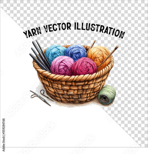 A clipart of knitting needles and yarn with basket. Skein of yarn with knitting needles