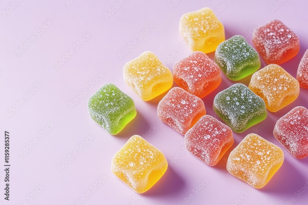 cluster of colorful gummy candies arranged neatly on soft lavender background under bright natural light cluster of colorful gummy candies arranged neatly on soft lavender background under bright natural light