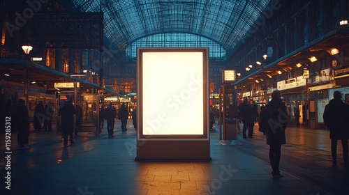 A vividly bright blank billboard catches the eye in a thrilling train station scene, full of hasty travelers and structural grandeur under a sprawling roof.