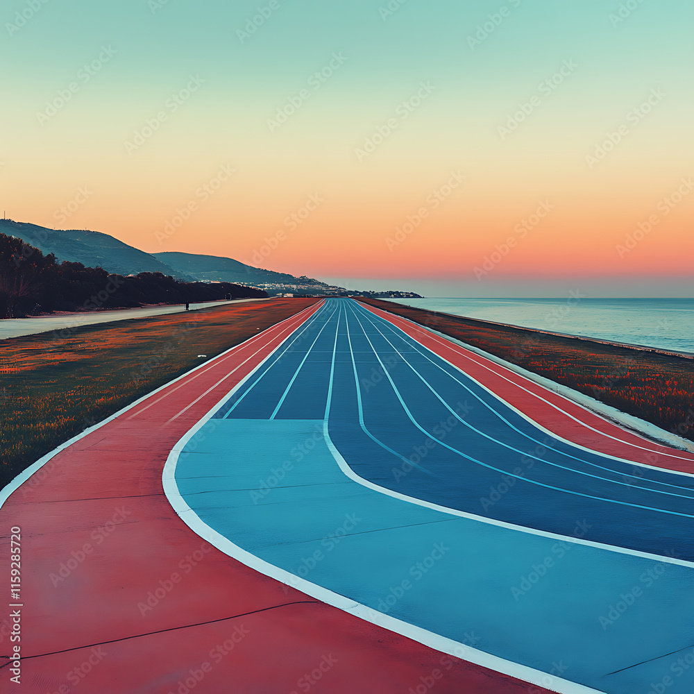 Naklejka premium Serene Minimalistic Landscape Featuring a Track Path by the Sea at Sunrise, Capturing the Tranquility of an Early Morning Sports Environment