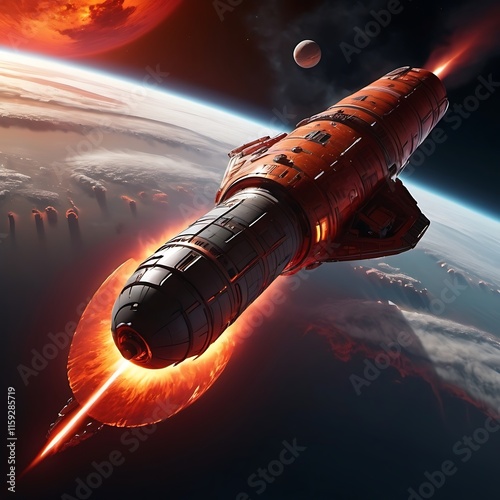 A futuristic spacecraft entering a planet's atmosphere, its heat shield glowing red-hot as it slices through the fiery re-entry. photo