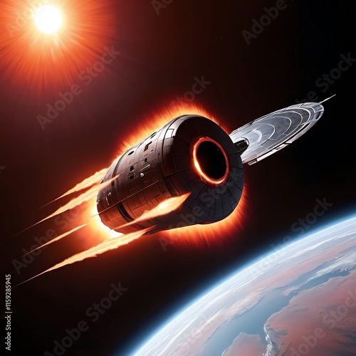 A futuristic spacecraft entering a planet's atmosphere, its heat shield glowing red-hot as it slices through the fiery re-entry. photo