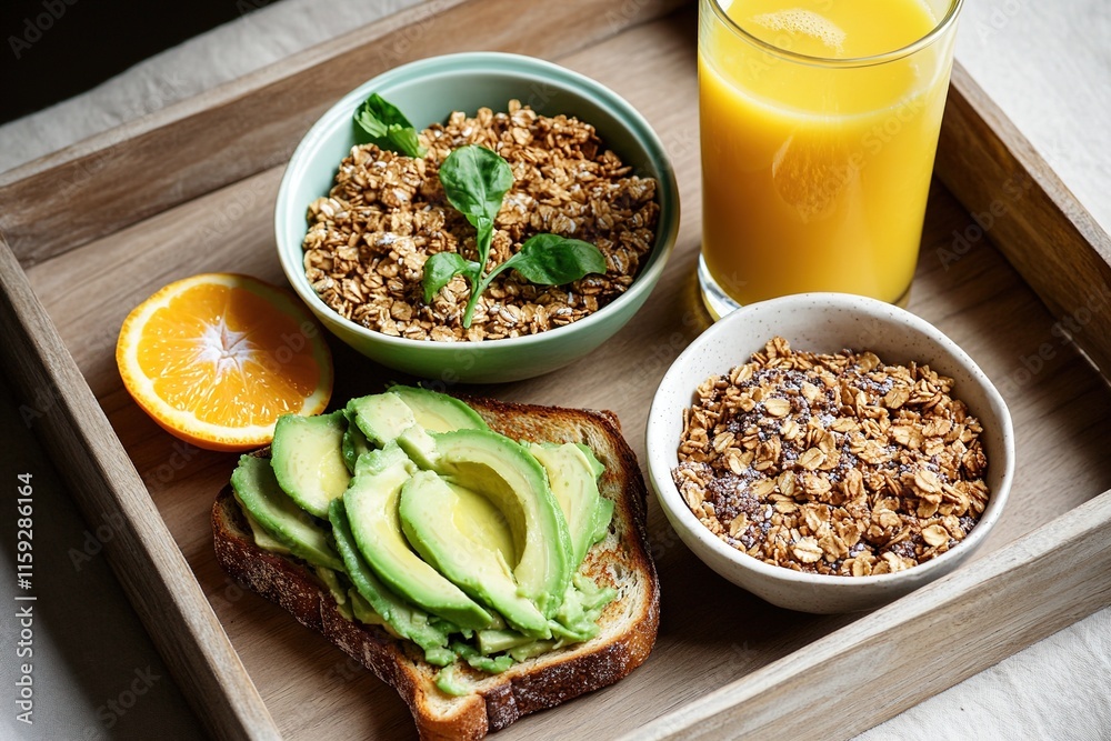 flat lay of breakfast tray with avocado toast bowl of granola and freshly squeezed orange juice on wooden tray flat lay of breakfast tray with avocado toast bowl of granola and freshly squeezed orange juice on wooden tray
