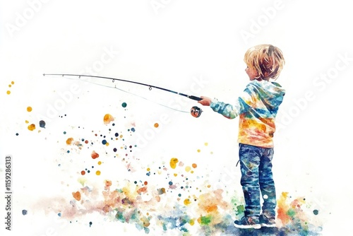 A young boy is fishing by the water's edge, using a rod and waiting for a bite