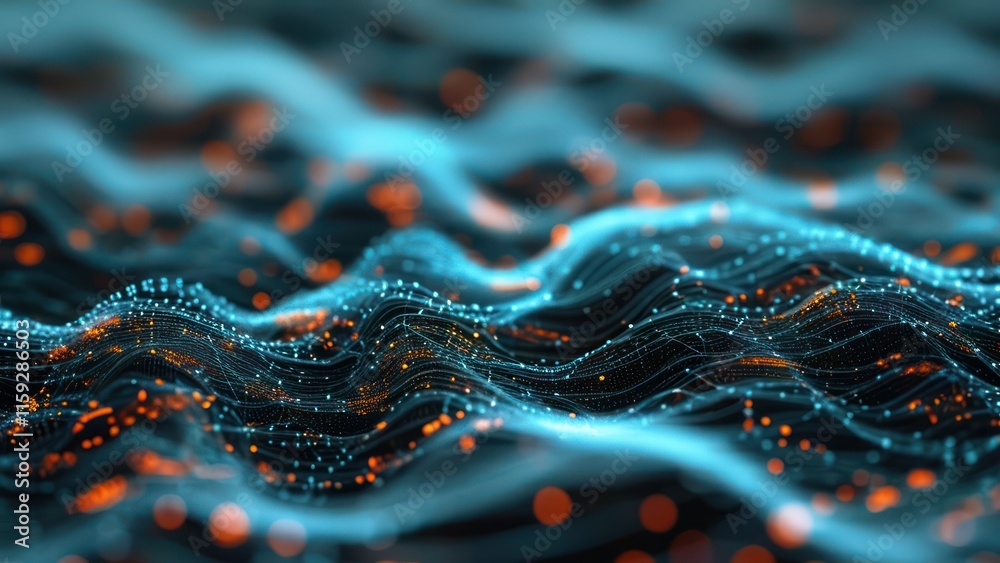 Dynamic abstract wave visualization featuring glowing particles and fluid motion Ideal for technology, digital art, and innovation concepts Dynamic abstract wave visualization featuring glowing particles and fluid motion Ideal for technology, digital art, and innovation concepts