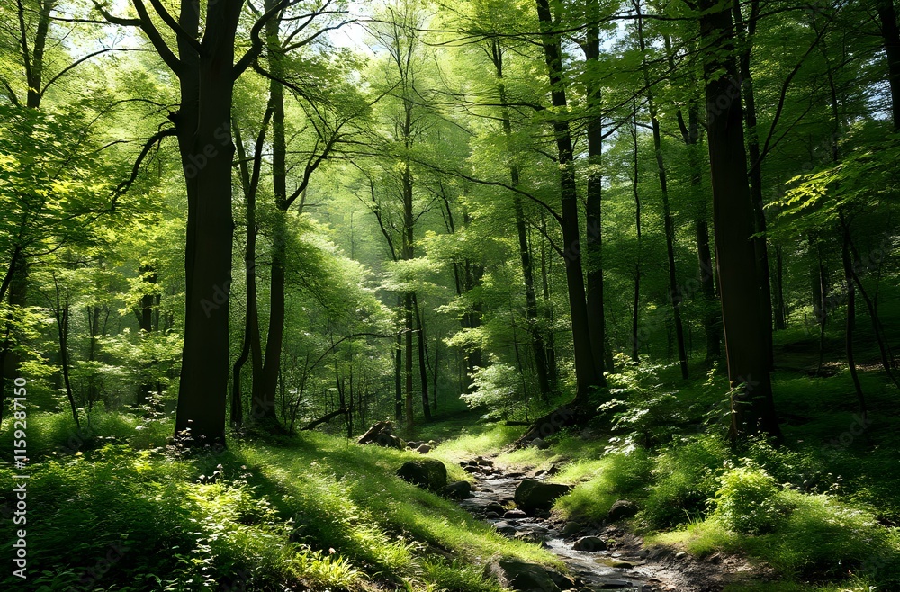 Obraz premium Serene Forest Path in Dappled Light