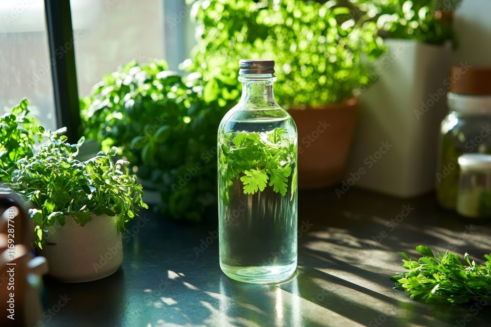 Preparing homemade herbal tincture with fresh aromatic herbs Preparing homemade herbal tincture with fresh aromatic herbs