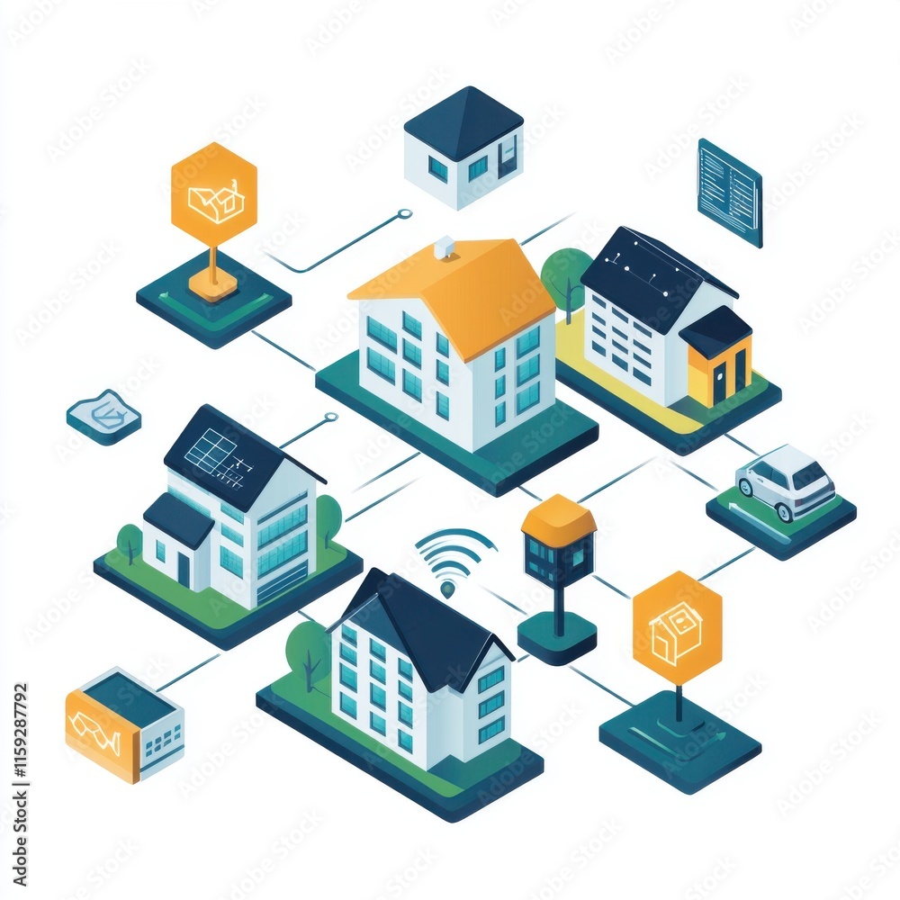 An illustration of smart home technology, showcasing connected houses with modern features in a vibrant, digital layout. An illustration of smart home technology, showcasing connected houses with modern features in a vibrant, digital layout.