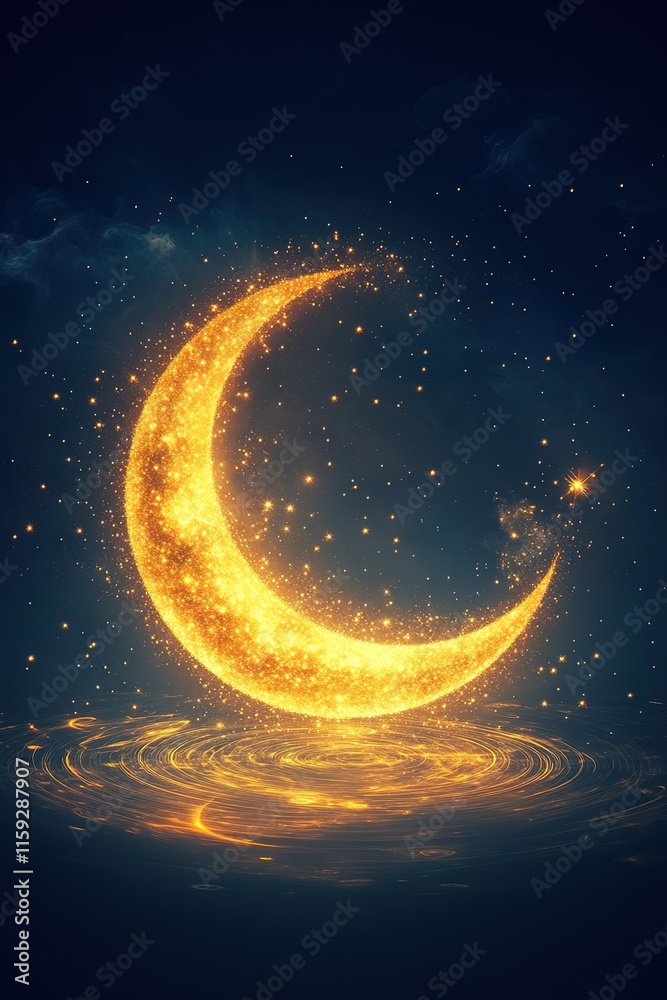 abstract glowing crescent moon surrounded by swirling sparkles displayed on seamless dark gradient background abstract glowing crescent moon surrounded by swirling sparkles displayed on seamless dark gradient background