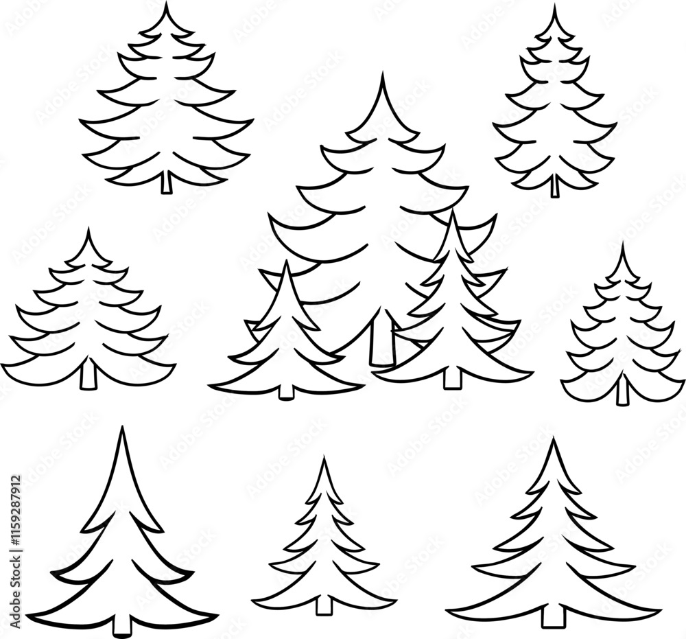 Obraz premium Isolated black and white color pine trees in graphic lineart style set, forest, park and garden tree vector signs collection