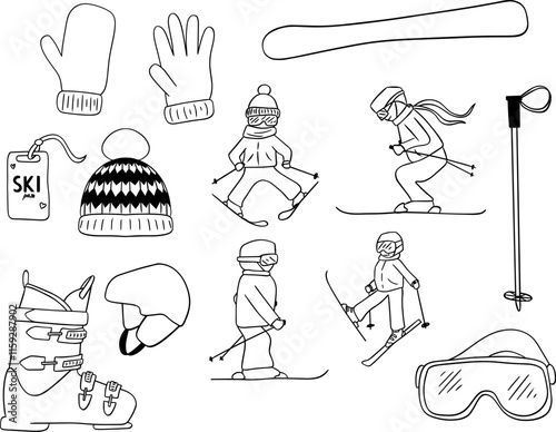 Hand drawn graphic line drawings set of skiing sport illustrations with skiers and ski equipment. Vector winter sport outline drawing on white background