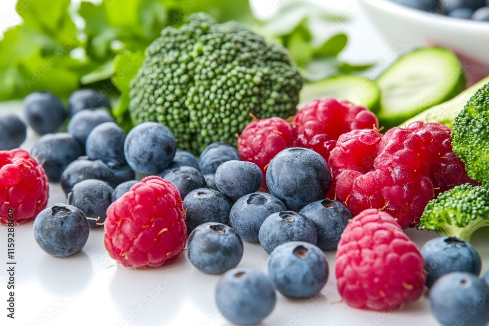 Fresh blueberries and raspberries lying near broccoli and cucumber slices promoting healthy eating Fresh blueberries and raspberries lying near broccoli and cucumber slices promoting healthy eating