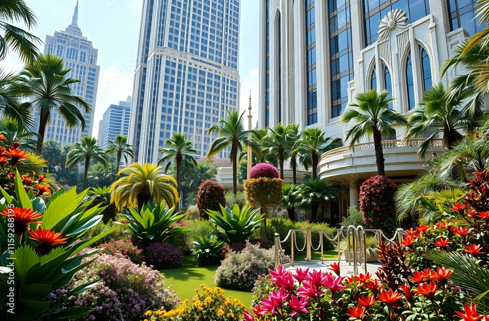 Fototapeta premium Elegant Art Deco Botanical Garden with Towering Buildings - Adobe Stock