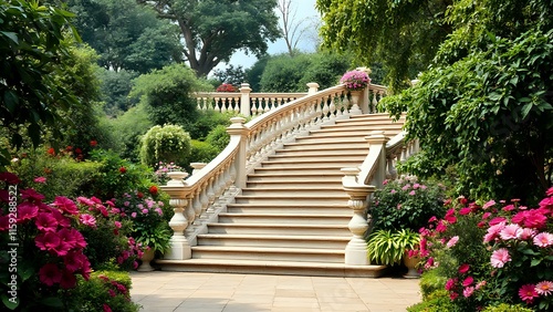 Elegant Baroque Garden Staircase with Lush Flowers