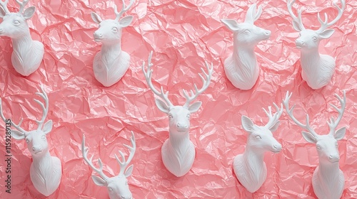 White reindeer anthlers on pink crumpled foil background. Minimal holiday concept photo