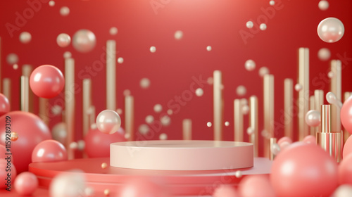 Red and Golden Abstract Scene with Podium for Product Display
