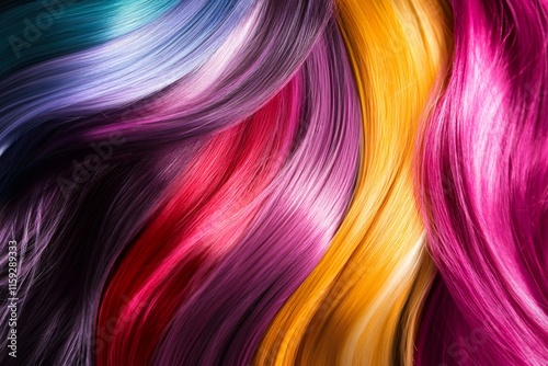 Colorful hair strands creating a vibrant and wavy pattern