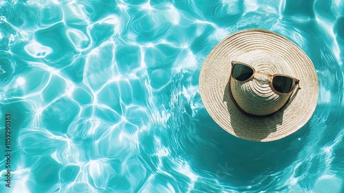 Sunglasses and straw hat on swimming pool side with clear blue water. Minimal fashion aesthetic summer vacation creative background