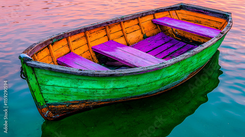 A colorful wooden boat with vibrant green and purple accents floats on calm water during sunset. photo