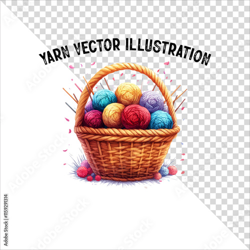 A clipart of knitting needles and yarn with basket. Skein of yarn with knitting needles