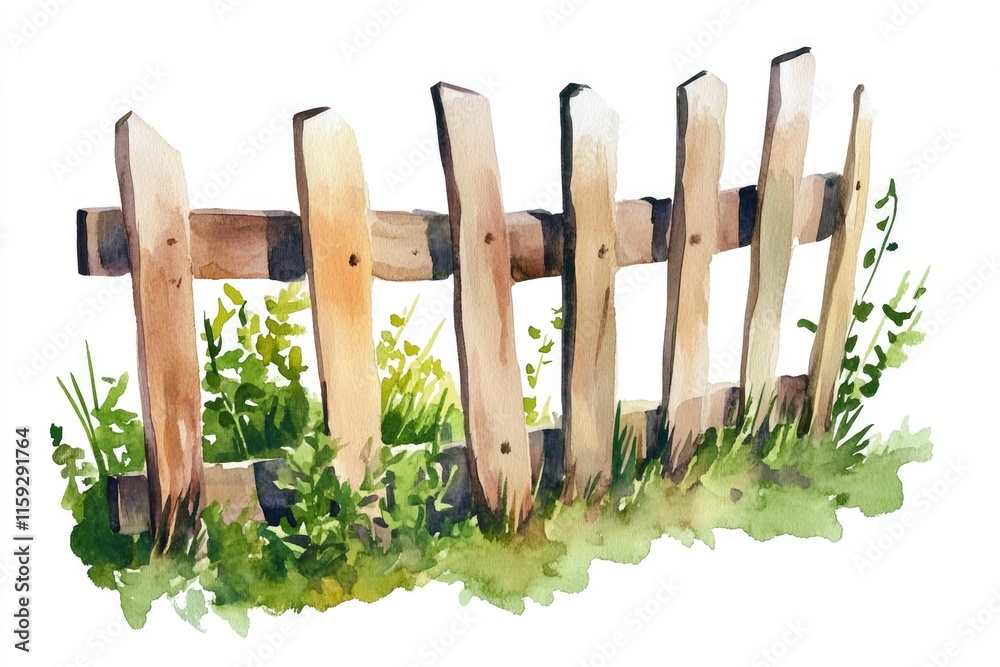 Obraz premium Watercolor illustration of a rustic wooden fence with texture and details