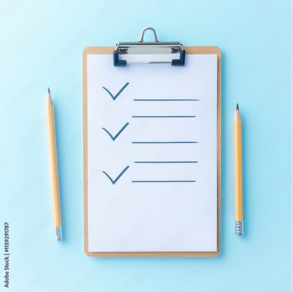 A clipboard with a checklist and two yellow pencils on a light blue background, symbolizing organization and productivity. A clipboard with a checklist and two yellow pencils on a light blue background, symbolizing organization and productivity.