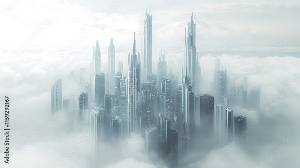 Fototapeta premium Futuristic skyscraper cityscape cloudy atmosphere digital art