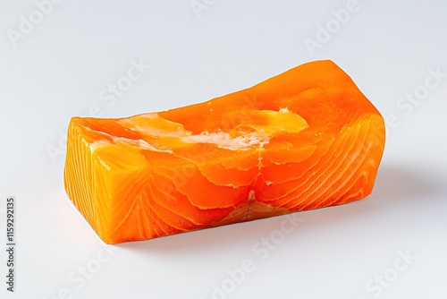 piece of salmon fillet with vibrant orange color and visible marbling displayed against clean white backdrop photo