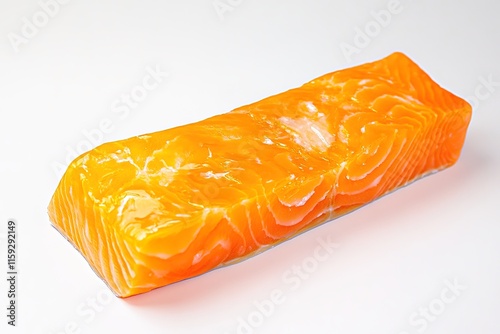 piece of salmon fillet with vibrant orange color and visible marbling displayed against clean white backdrop photo