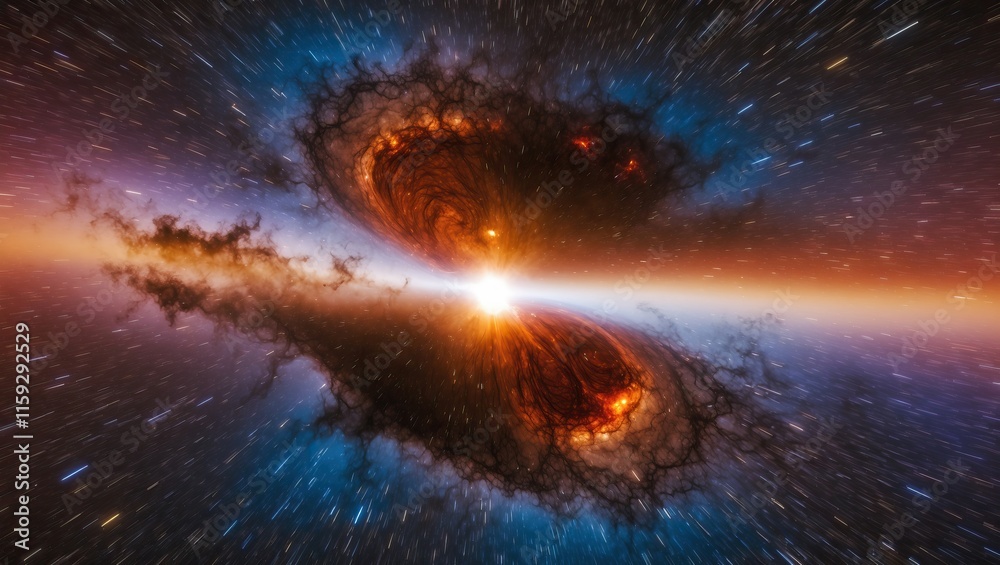 Fototapeta premium Dramatic cosmic scene depicting swirling black holes with vibrant colors and light, illustrating the mysteries of the universe and cosmic forces at play