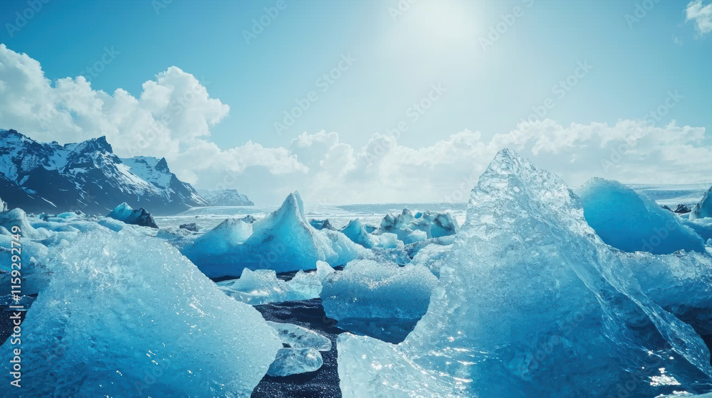 Obraz premium Stunning ice formations on glacial beach under bright sky, showcasing nature beauty and tranquility