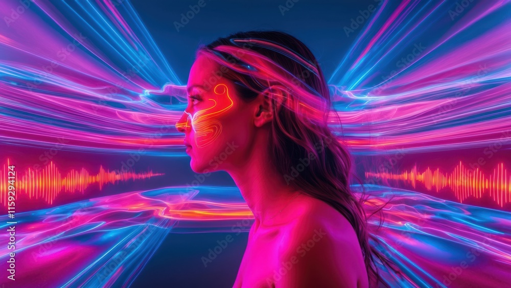 Neon lit portrait of woman with glowing lines and sound waves creating a vibrant, futuristic atmosphere, conveying creativity and emotional expression Neon lit portrait of woman with glowing lines and sound waves creating a vibrant, futuristic atmosphere, conveying creativity and emotional expression