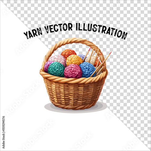 A clipart of knitting needles and yarn with basket. Skein of yarn with knitting needles