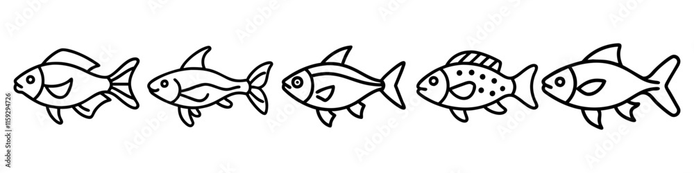 Aquatic Fish Line Art Icon Set - A collection of black-and-white line art icons featuring various fish species, showcasing aquatic designs in a minimalist style. Aquatic Fish Line Art Icon Set - A collection of black-and-white line art icons featuring various fish species, showcasing aquatic designs in a minimalist style.