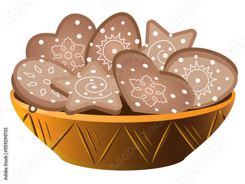 Cookies in a bowl. Gingerbread cookies with royal icing are placed on a plate. Gingerbread in the form of a circle, stars, hearts and Easter eggs. Sweet pastries.	