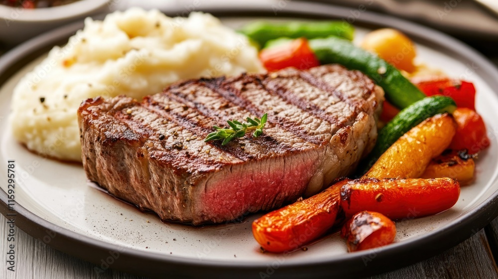 Grilled steak with mashed potatoes and roasted vegetables. Grilled steak with mashed potatoes and roasted vegetables.