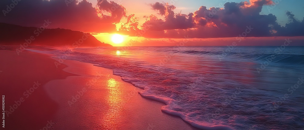 Vibrant sunset over tranquil beach with golden sky, calm waves, and silhouetted palms Vibrant sunset over tranquil beach with golden sky, calm waves, and silhouetted palms