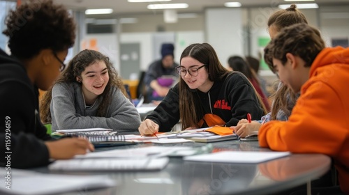 Diverse students collaborate on a project, studying together at a table.