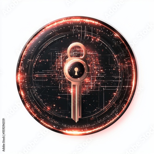 A futuristic digital key surrounded by glowing circuitry on a dark background, symbolizing security and technology. photo