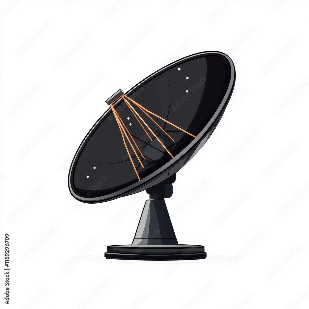 A sleek, black satellite dish with orange cables, set against a plain white background. A sleek, black satellite dish with orange cables, set against a plain white background.