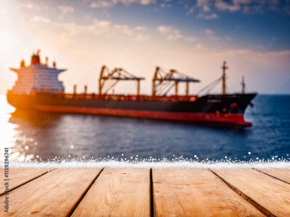 Fototapeta premium Winter Wooden Deck with Blurred Cargo Ship Background.
