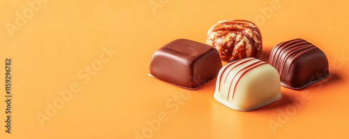 Minimal chocolates concept. Assorted gourmet chocolates beautifully arranged on an orange background.