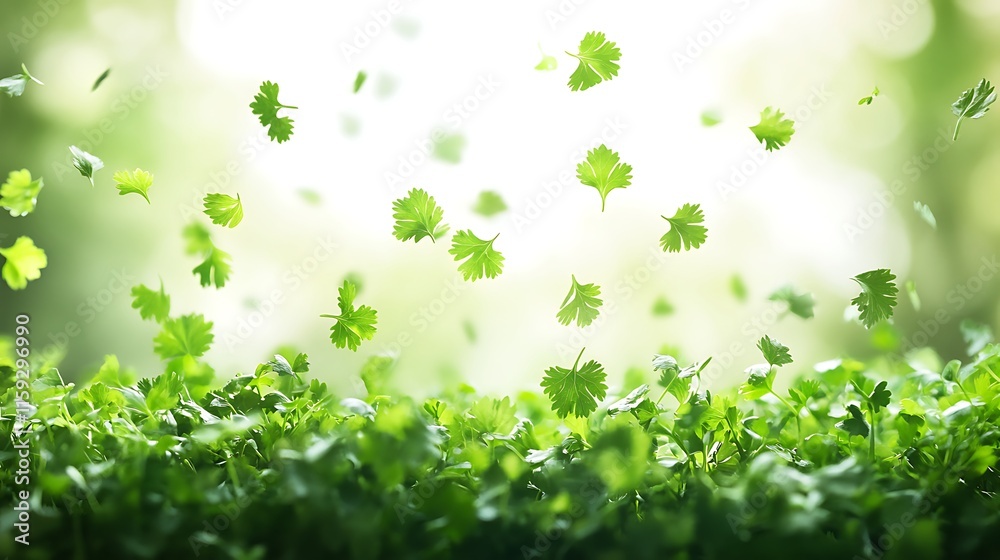 Fototapeta premium Floating cilantro leaves nature scene macro photography outdoors