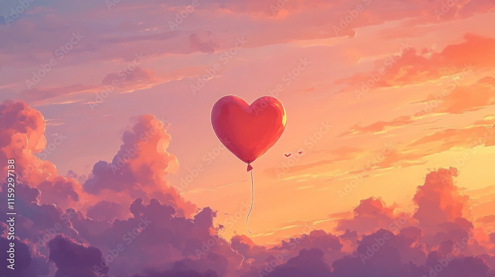 Fototapeta premium A red heart-shaped balloon floats in a vibrant sunset sky amidst fluffy clouds.