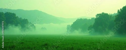 Misty morning clouds in a foggy green landscape, foggy, muggy