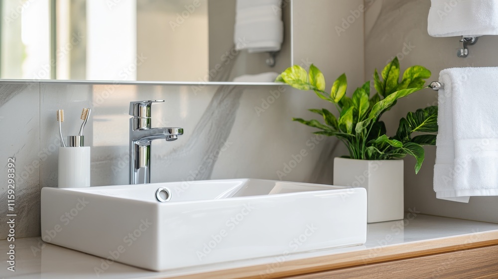 Fototapeta premium Contemporary minimalist guest bathroom with minimal fixtures. Featuring a clean, open design with modern lines